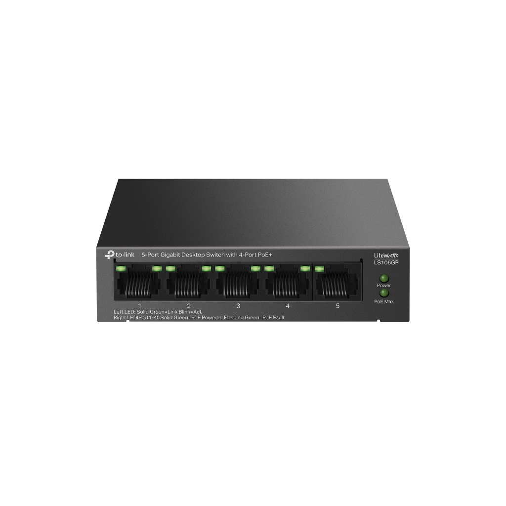TP-LINK LS105GP, Green Tech, 5 Port, GigaBit, 4 Port PoE 65W, Metal Kasa, Yonetilemez, Masaustu Switch