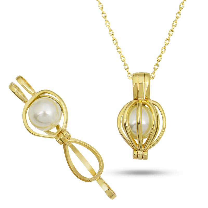 925 Ayar Gumus Gold Beyaz Incili Kadin Kolye