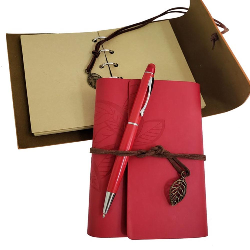 Ozel Ahsap Kutulu Kirmizi Deri Defter Ve Kalem Set