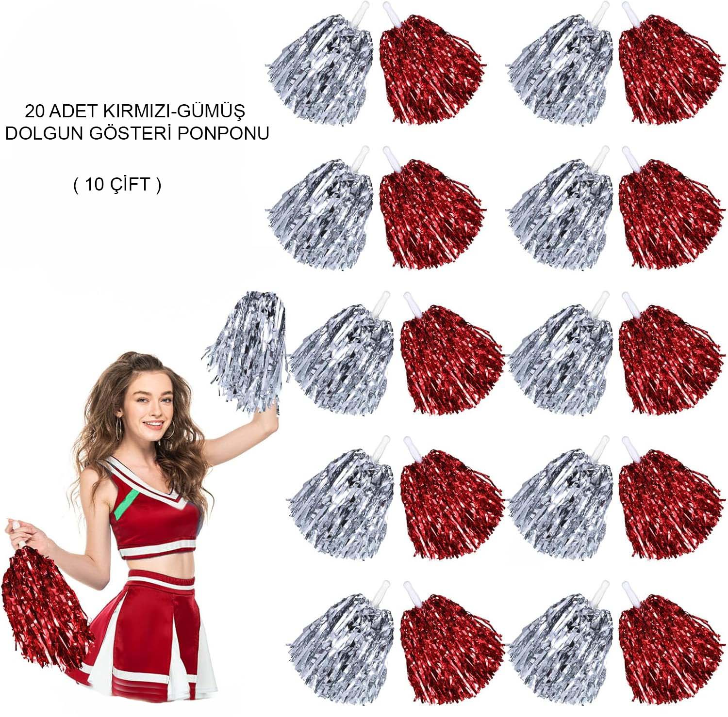 Kirmizi Gumus Metalik Dolgun Gosteri Ponponu 20 Adet (10 Cift)