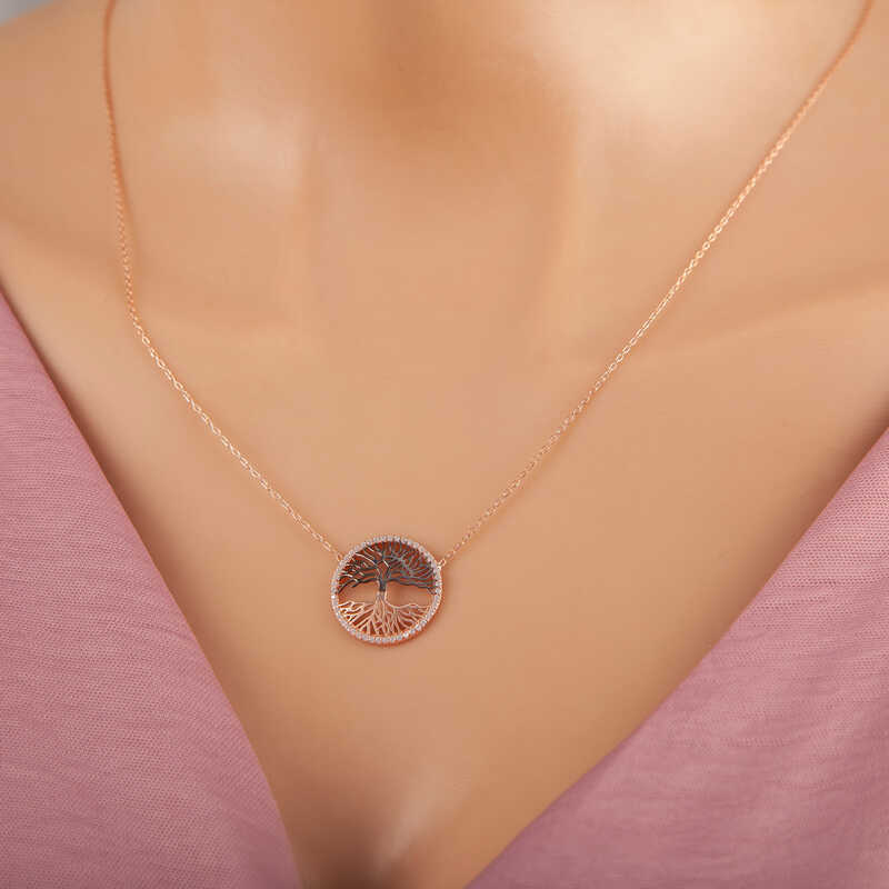 925 Ayar Gumus Rose Hayat Agaci Kadin Kolye