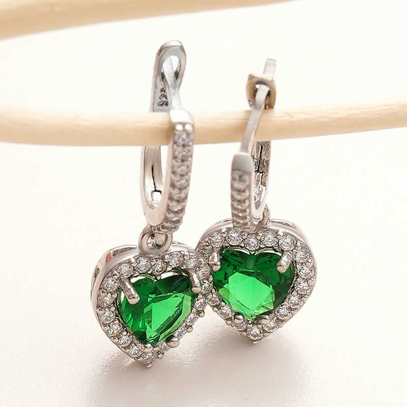 Gumus Yesil Tasli Kalpli Kadin Kupe