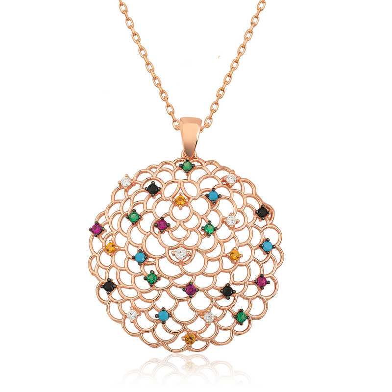 925 Ayar Gumus Geometrik Desenli Madalyon Kadin Gumus Kolye