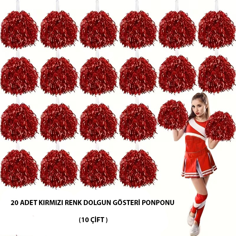 10 Cift ( 20 Adet ) Kirmizi Renk 23 Nisan 19 Mayis 29 Ekim Okul Gosteri Ponponlari