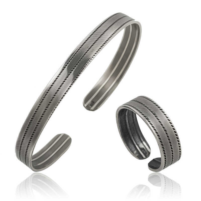 925 Ayar Gumus Cizgi Desenli Bileklik Ve Yuzuk Set