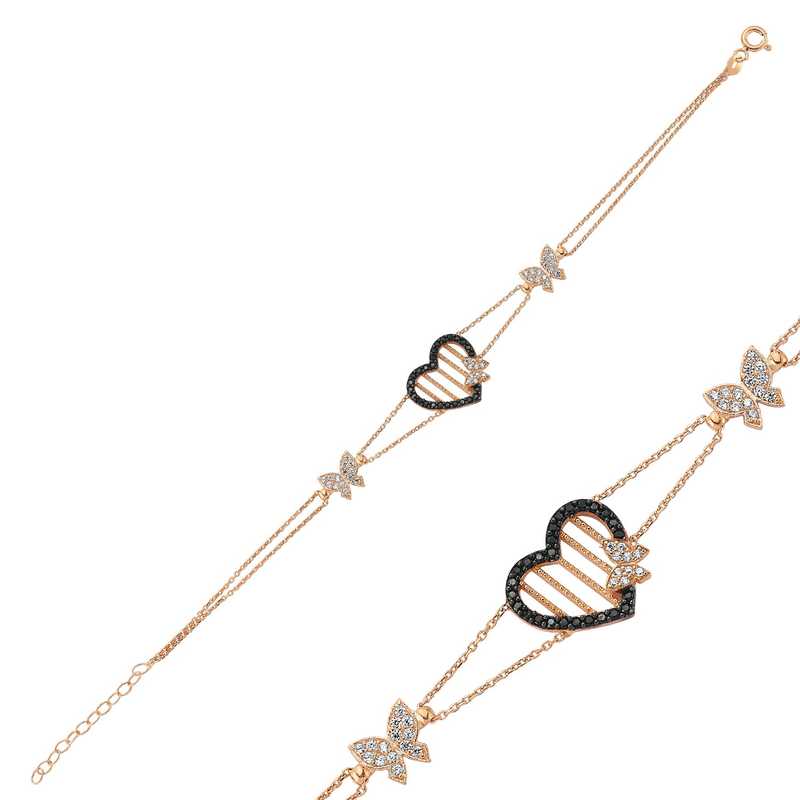 925 Ayar Gumus Rose Kalpli Kelebek Bileklik