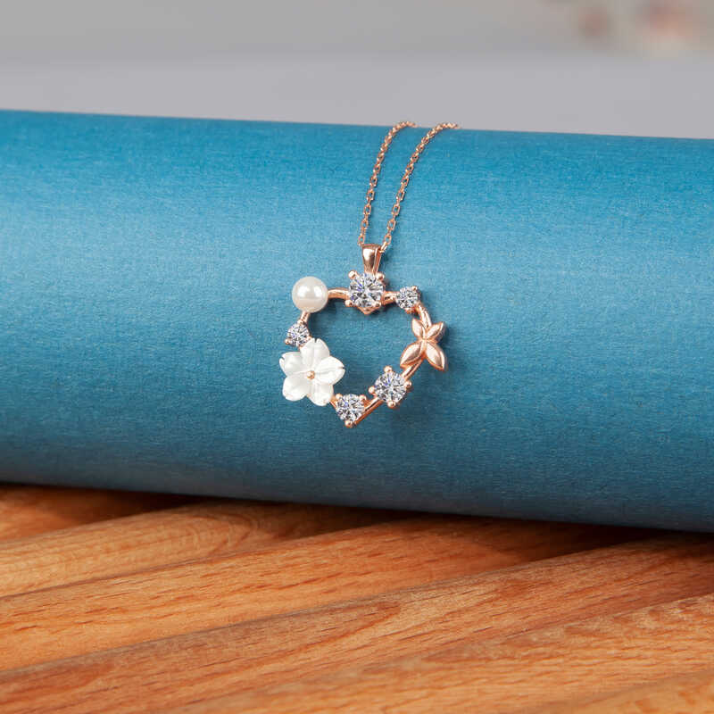 925 Ayar Gumus Rose Kalp Manolya Cicegi Kelebek Kadin Kolye