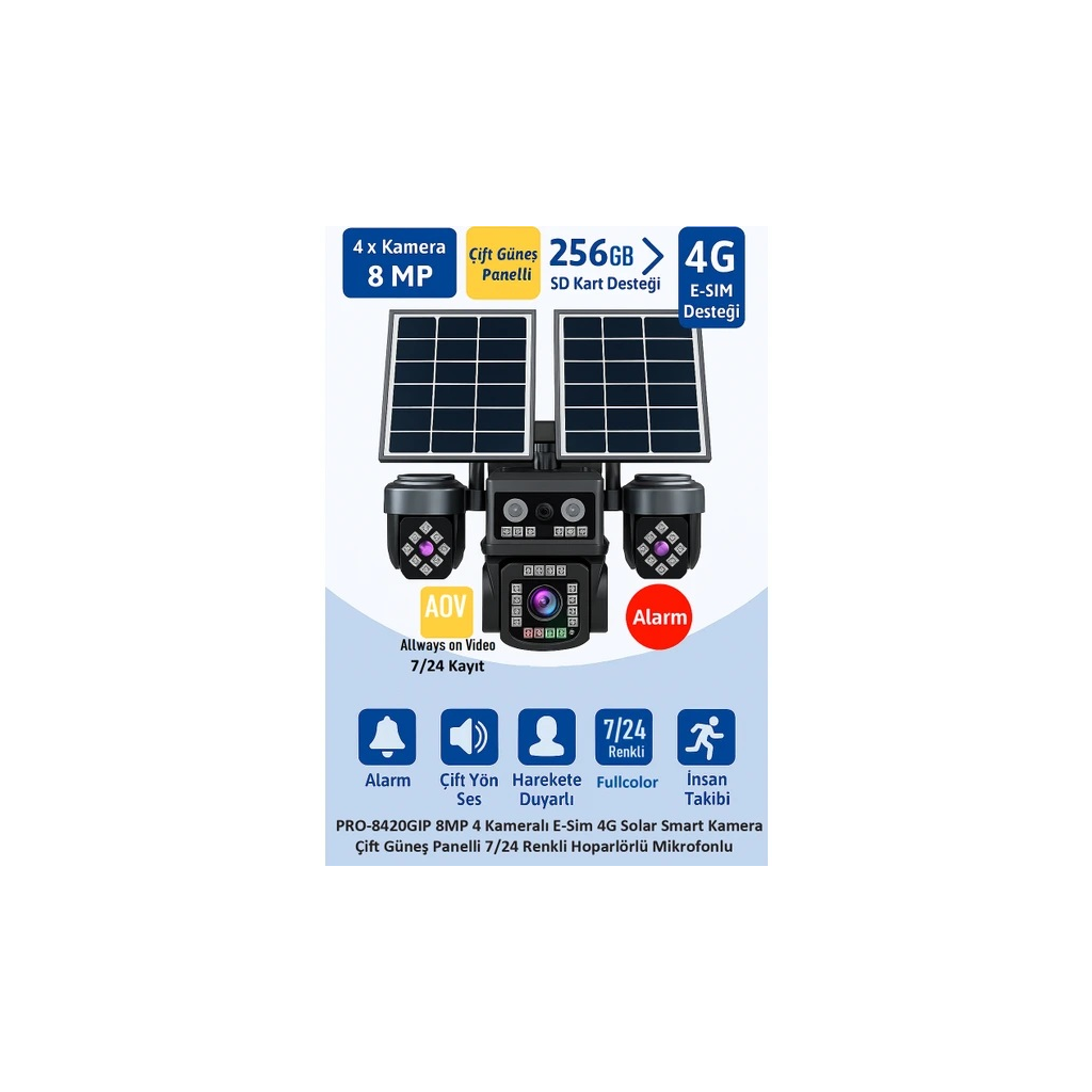 BALANDI PRO-8420GIP 8MP 4 Kamerali 4G AOV ESIM  Solar Kamera, HIEASY Yazilim