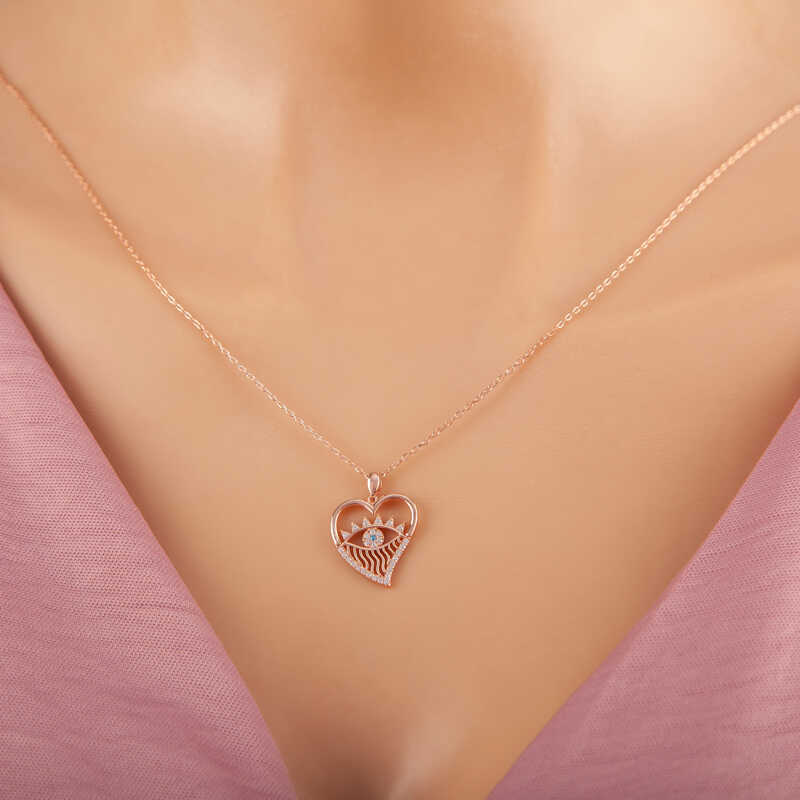 925 Ayar Gumus Rose Kalp Goz Kadin Kolye