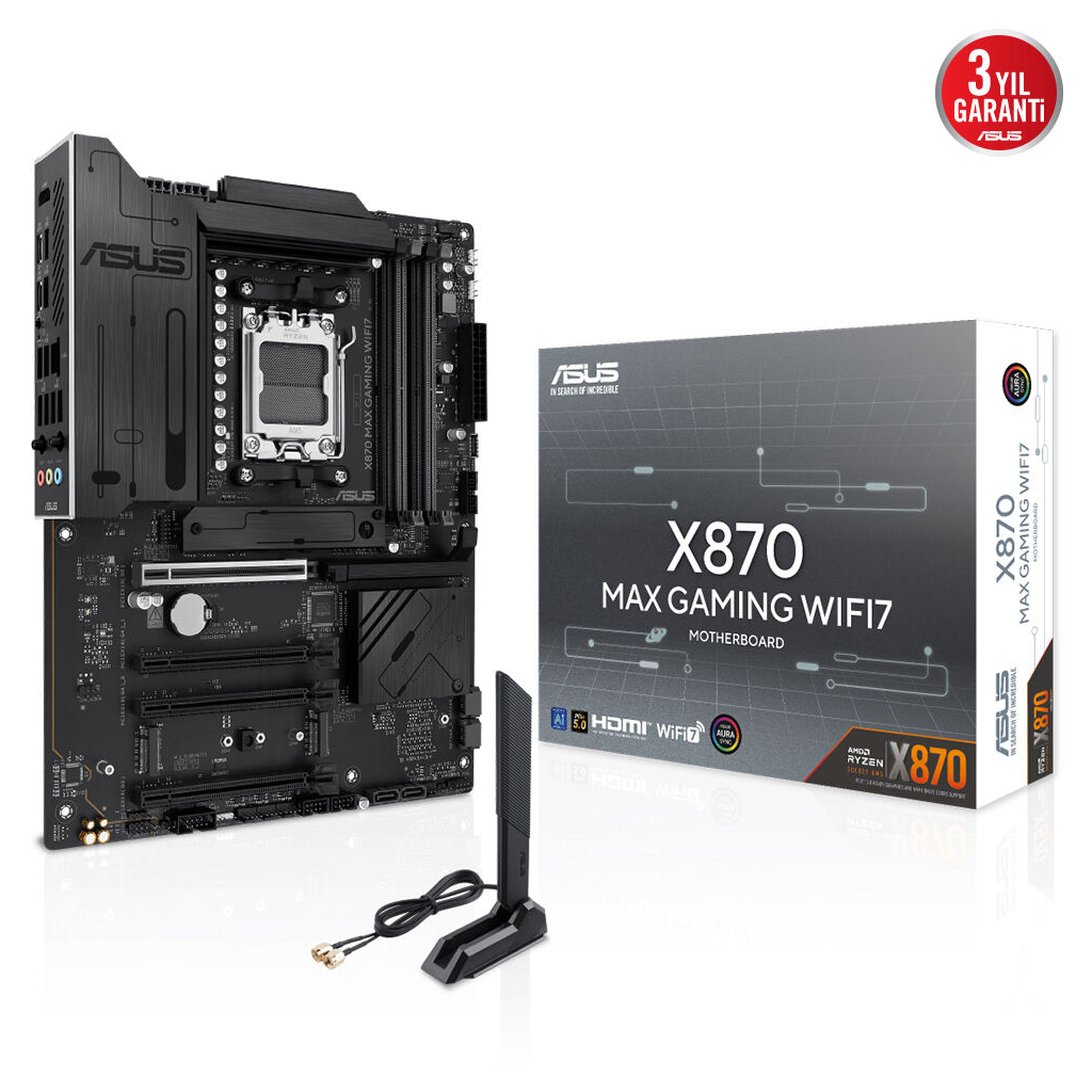 ASUS X870 MAX GAMING WIFI7, 4xDDR5, 3x M2, HDMI, DP, Type-C, Wi-Fi 7, Bluetooth v5.3, AM5 Soket GAMING Anakart