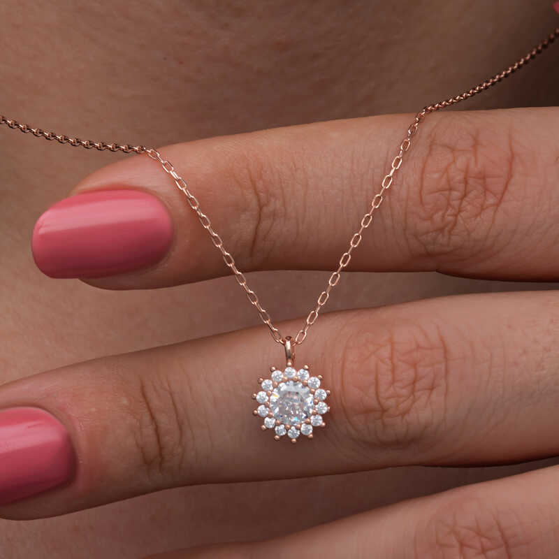 925 Ayar Gumus Rose Minimal Yuvarlak Anturaj Kadin Kolye