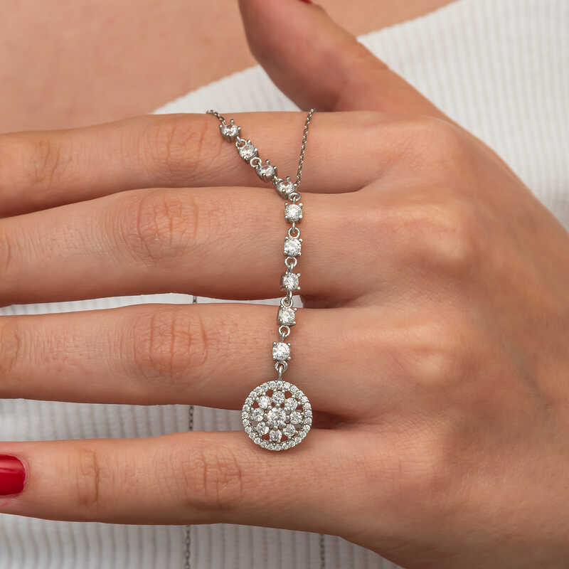 Gumus Sirali Zirkon Tasli Cicek Kadin Kolye