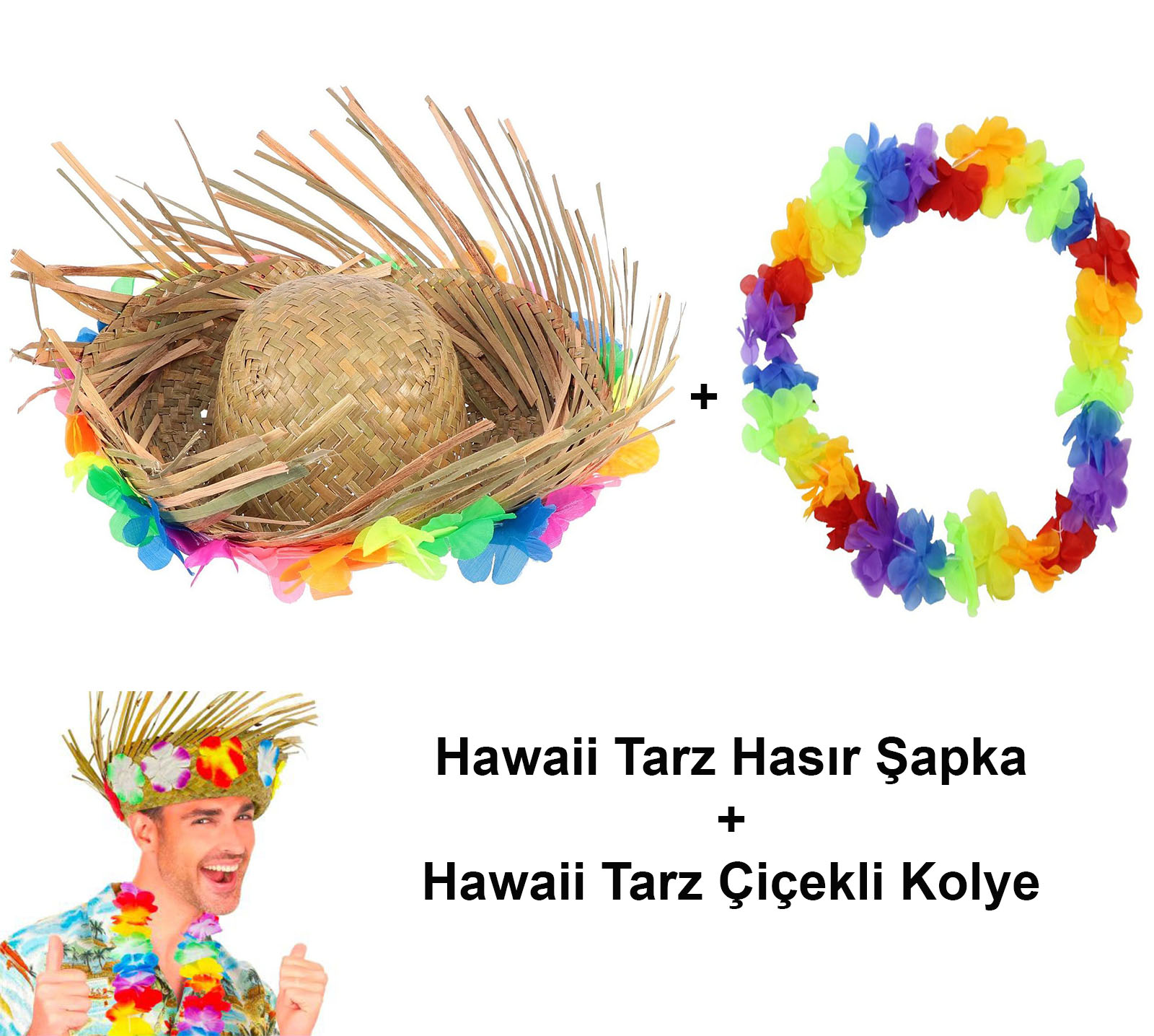 Hawaii Tarzi Tropikal Cicekli Hasir Sapka ve Cicekli Hawaii Kolye