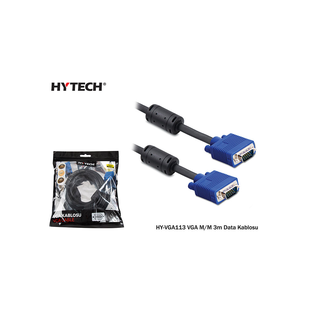 HYTECH HY-VGA113, 15Pin, Iki Ucu Erkek, 3mt, VGA Kablosu