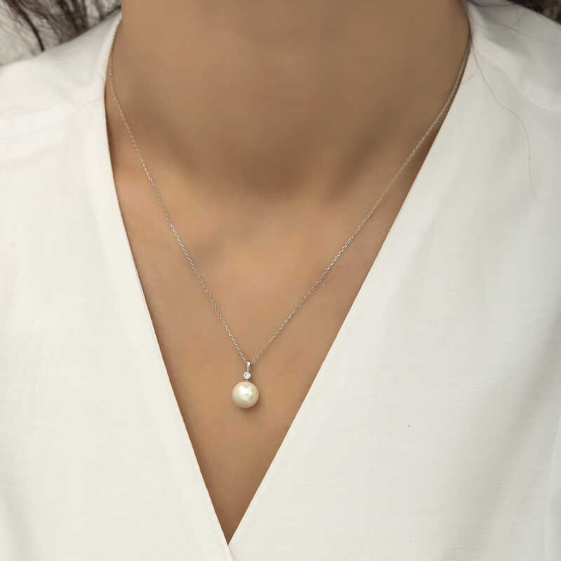 925 Ayar Gumus Yuvarlak Inci Kadin Gumus Kolye