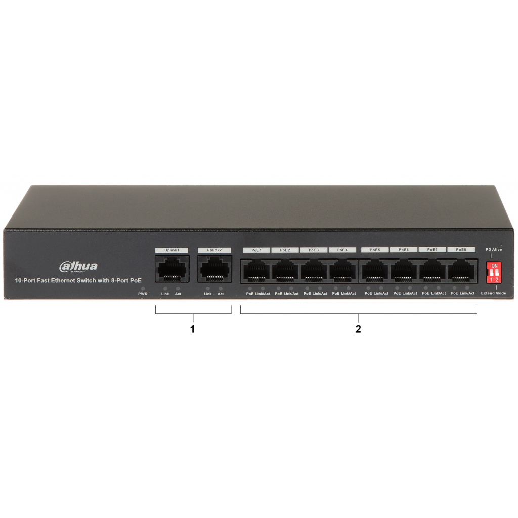 DAHUA PFS3010-8ET-65, 8 Port, MegaBit, PoE 65W, 2 Port Uplink, Yonetilemez, Masaustu Switch