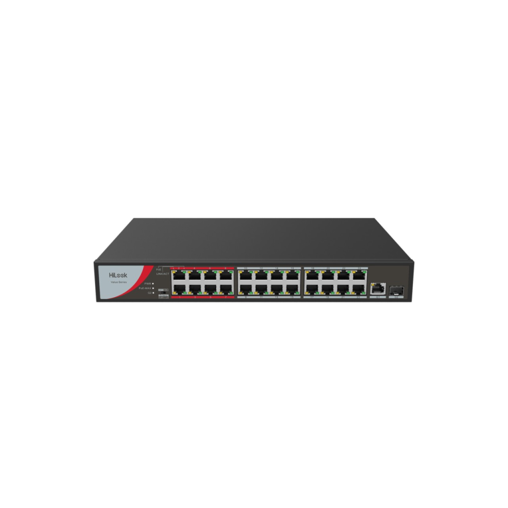 HILOOK NS-0326P-230(B), 24Port, Megabit, PoE 230W, 1 Port GigaBit Lan, 1 Port GigaBit SFP, Long Range 250Metre, Yonetilemez, Masaustu Switch