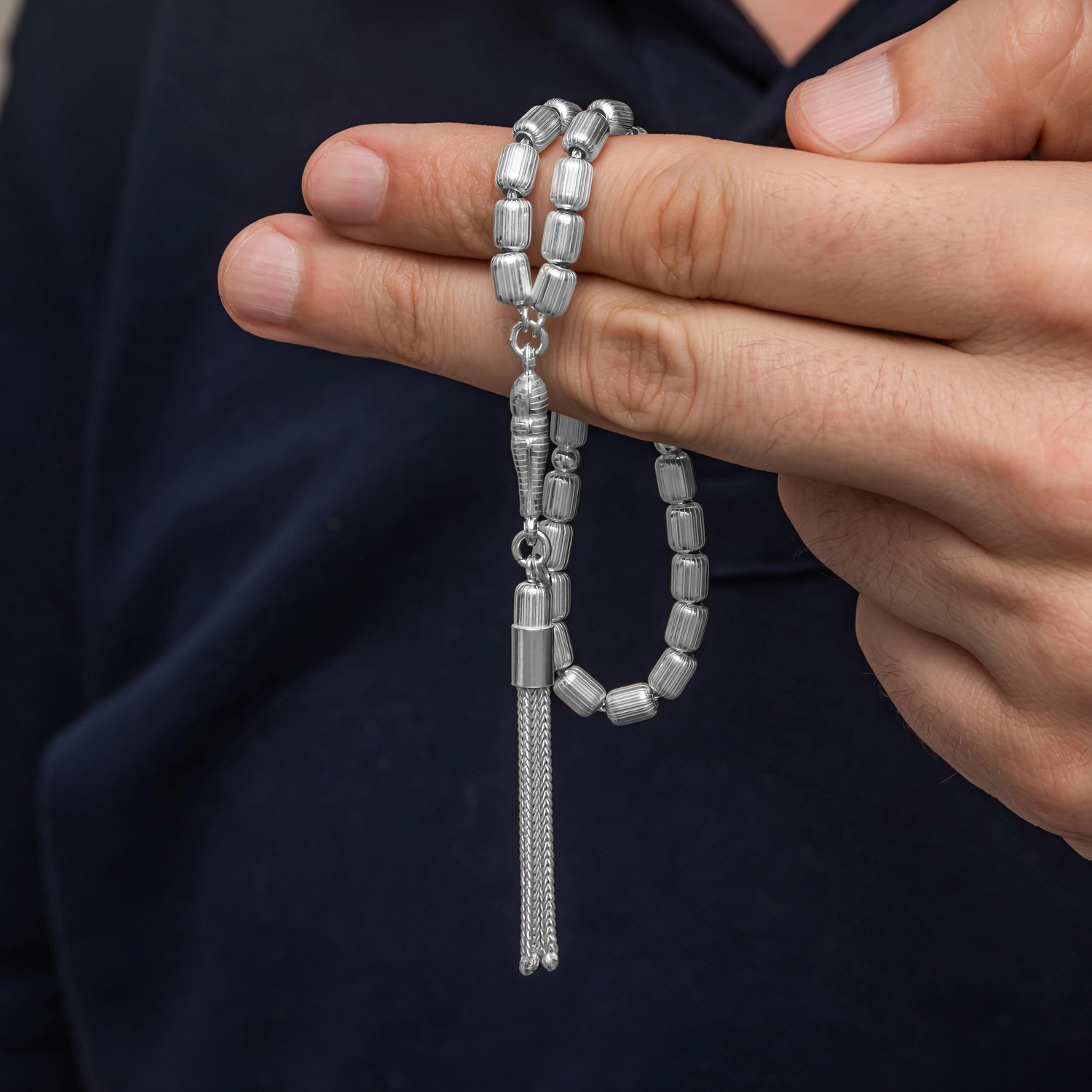 Gumus Kapsul Kesim Cizgili Erkek Tesbih