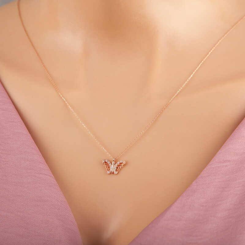 925 Ayar Gumus Rose Kelebek Kadin Gumus Kolye